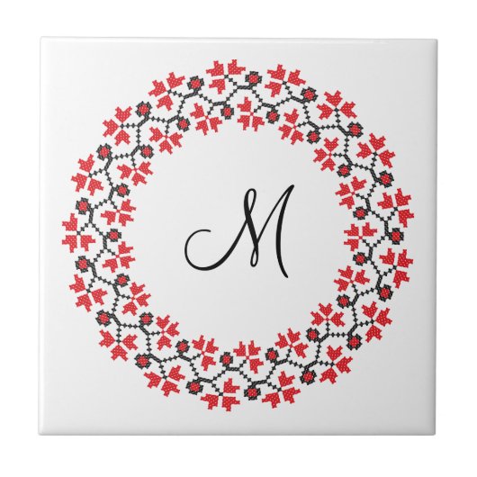 Personalisierte Monogramm-Blume Roter Ring Fliese (Vorderseite)