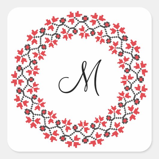 Personalisierte Monogramm-Blume Roter Ring Quadratischer Aufkleber (Vorderseite)