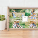 Personalisierte Monogramm-Erstaufnahme Serviertablett<br><div class="desc">Personalisieren Sie dieses einfache und elegante kleine Serviertablett mit einer Collage von vier (4) Ihrer Lieblings-Fotos. Das quadratische, benutzerdefinierte Monogramm in der Mitte kann mit dem Anfangsbuchstaben Ihres Familiennamen personalisiert werden, und die neutralen Weiß- und Grautfarben können über Personalize / Customize Weitere Informationen zur Koordination mit Ihren Fotos oder Wohngestaltung...</div>