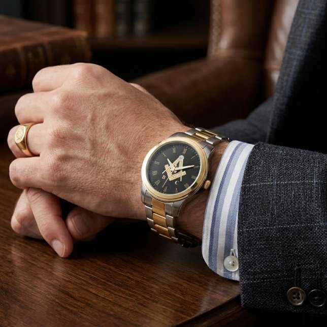 Personalisierte Monogramm-Freimaurer-Geschenke Sch Armbanduhr (Personalized Monogram Freemason Gifts Black & Watch)