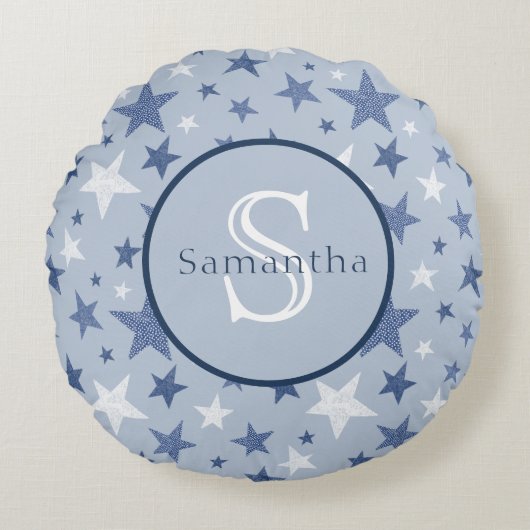 Personalisierte Monogramm für blaue und weiße Wint Rundes Kissen (Vorderseite)