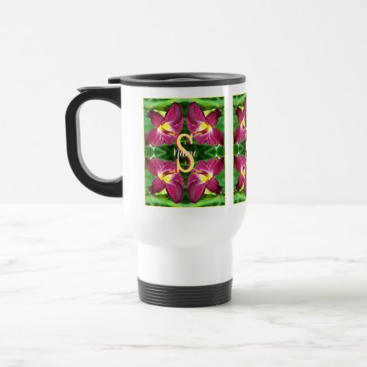 Personalisierte Monogramm-Initiale Name Taglilien- Reisebecher (Links)