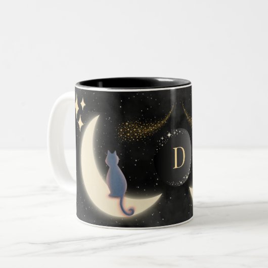 Personalisierte Monogramm Katze und Halbmond Zweifarbige Tasse (Vorderseite Links)
