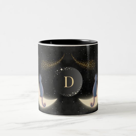 Personalisierte Monogramm Katze und Halbmond Zweifarbige Tasse (Mittel)