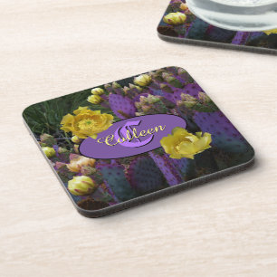 Personalisierte Monogramm Lila Kaktus Gelbe Blumen Getränkeuntersetzer