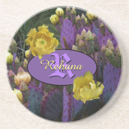 Personalisierte Monogramm Lila Kaktus Gelbe Blumen Getränkeuntersetzer