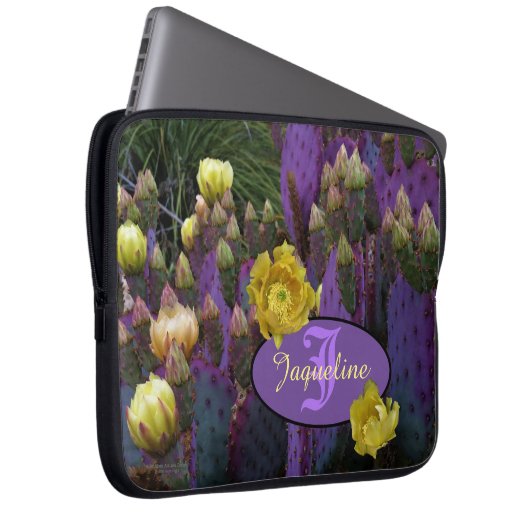 Personalisierte Monogramm Lila Kaktus Gelbe Blumen Laptopschutzhülle (Vorne Rechts)