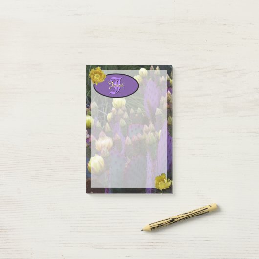Personalisierte Monogramm Lila Kaktus Gelbe Blumen Post-it Klebezettel (Auf Schreibtisch)