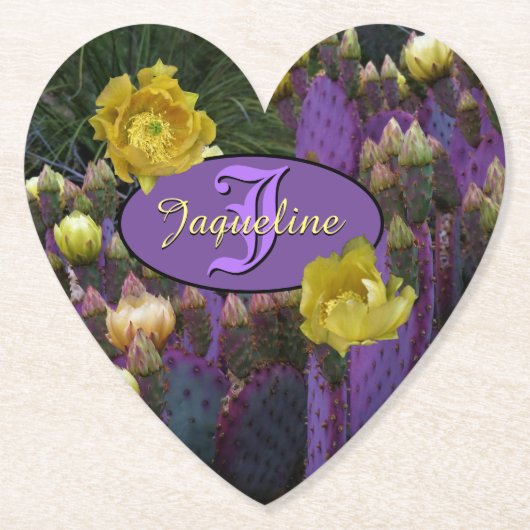 Personalisierte Monogramm Lila Kaktus Gelbe Blumen Untersetzer (Vorderseite)