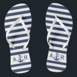 Personalisierte Monogramm-Nautische Streifen und A Badesandalen<br><div class="desc">Personalisierte Monogramm Nautische Streifen und Ankerblauer Flip Flops.</div>