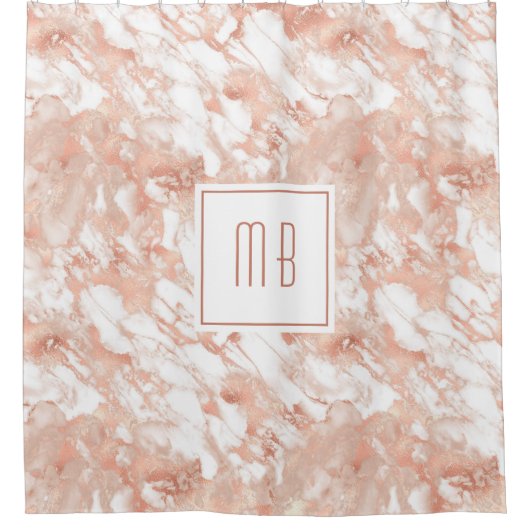 Personalisierte Monogramm Rose Gold Weißer Marmor Duschvorhang (Vorderseite)