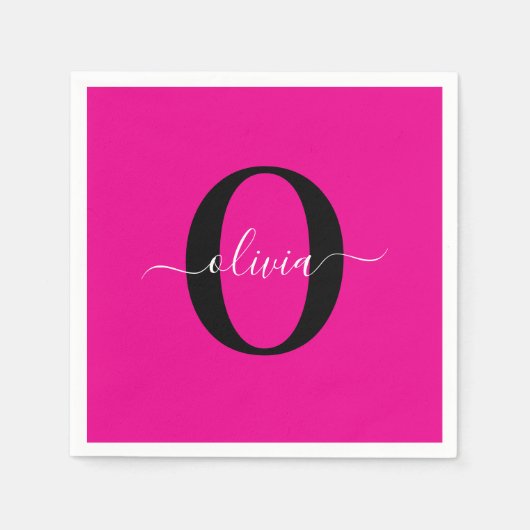 Personalisierte Monogramm-Schriftname Pink Schwarz Serviette (Vorderseite)