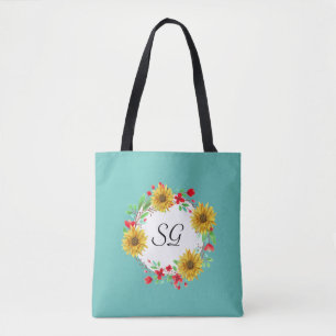 Personalisierte Monogramm-Sonnenblumen-Einkaufstas Tasche