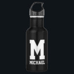 Personalisierte Monogramm-Sportflasche Edelstahlflasche<br><div class="desc">Personalisierte Monogramm-Geschenkgutscheine für Wasserflaschen. Schwarz-Weiß Edelstahl Metallfarbe. Sportliche Geschenkidee für Trainer, Spieler, Teamkollegen und Sportfans. Modernes Typografie-Design mit individuelle Name, lustigem Zitat, Slogan oder Monogramm. Erstellen Sie Ihre eigene mit Monogramm Getränkemaschine. Geeignet für Männer, Frauen und Kinder / Kinder. Niedliche Geburtstag Party präsentiert für Vater, Sohn, Enkel, Vater, Freund, Freund,...</div>