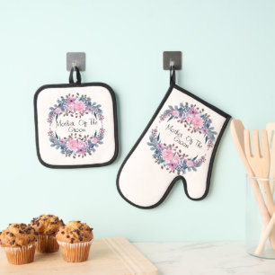 Personalisierte Monogramm Text Aquarell Blume Flor Ofenhandschuh & Topflappen-Set