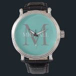 Personalisierte Monogramm und Name Aquamarin Armbanduhr<br><div class="desc">Personalisierte Elegante Monogramm- und Namensgeschenke mit personalisierten Monogramm im klassischen Serif-Schriftart-Stil mit Namensbox in der Mitte des Monogramms.</div>