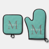 Personalisierte Monogramm und Name Aquamarin Ofenhandschuh & Topflappen-Set (Vorderseite)