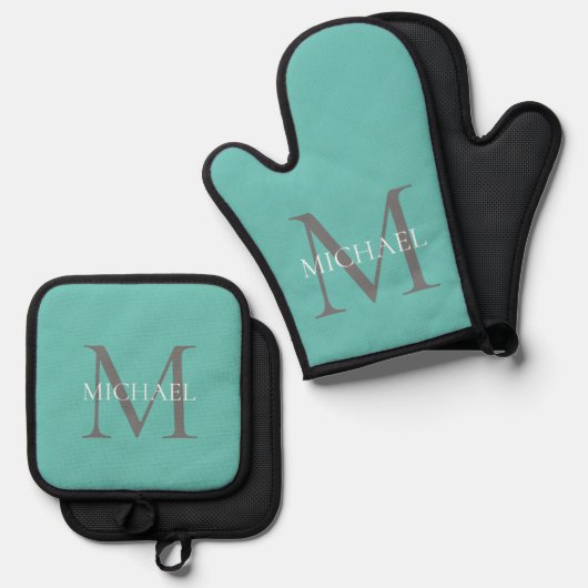 Personalisierte Monogramm und Name Aquamarin Ofenhandschuh & Topflappen-Set (Vorderseite/Rückseite)