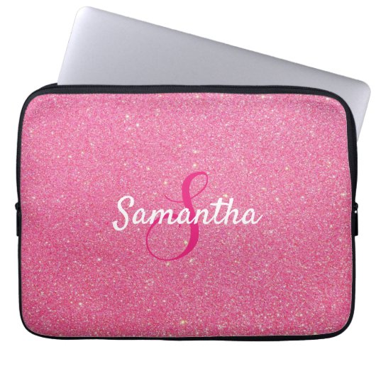 Personalisierte Monogramm und Name Rose Rosa Glitz Laptopschutzhülle (Vorderseite)