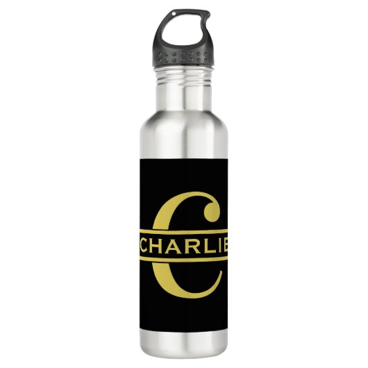 Personalisierte Monogramm und Name Schwarz und Gol Edelstahlflasche (Vorderseite)