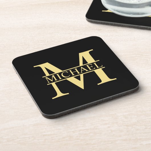Personalisierte Monogramm und Name Schwarz und Gol Getränkeuntersetzer (Linke Seite)