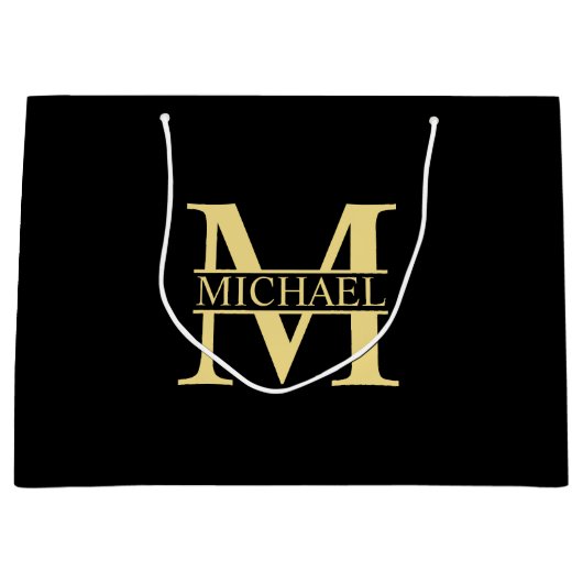 Personalisierte Monogramm und Name Schwarz und Gol Große Geschenktüte (Vorderseite)
