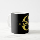 Personalisierte Monogramm und Name Schwarz und Gol Kaffeetasse (Vorderseite Links)