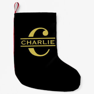 Personalisierte Monogramm und Name Schwarz und Gol Kleiner Weihnachtsstrumpf