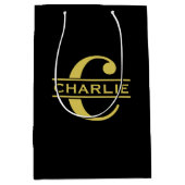 Personalisierte Monogramm und Name Schwarz und Gol Mittlere Geschenktüte (Vorderseite)