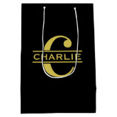 Personalisierte Monogramm und Name Schwarz und Gol Mittlere Geschenktüte (Rückseite)