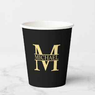 Personalisierte Monogramm und Name Schwarz und Gol Pappbecher