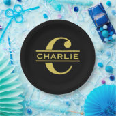 Personalisierte Monogramm und Name Schwarz und Gol Pappteller (Party)