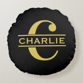 Personalisierte Monogramm und Name Schwarz und Gol Rundes Kissen