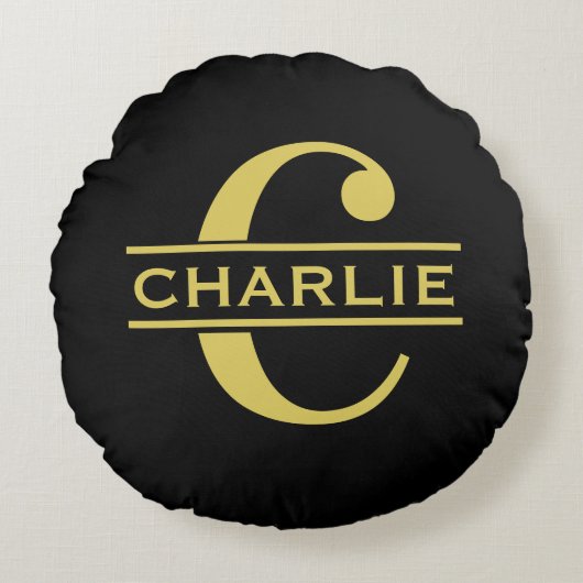 Personalisierte Monogramm und Name Schwarz und Gol Rundes Kissen (Vorderseite)