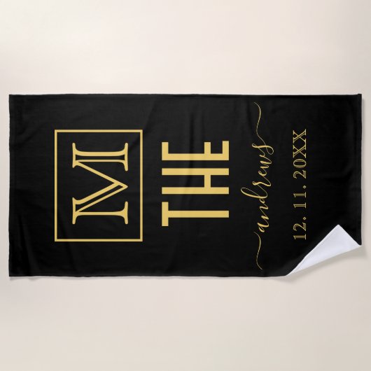Personalisierte Monogramm und Name Schwarz und Gol Strandtuch (Vorderseite)