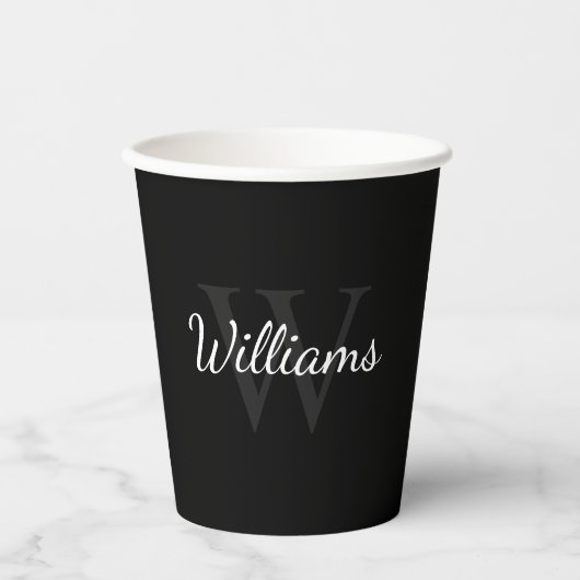 Personalisierte Monogramm und Name Schwarze Papier Pappbecher (Vorderseite)