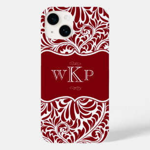 Personalisierte Monogramme Cranberry Damask Muster Case-Mate iPhone 14 Hülle