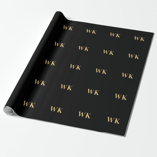 Personalisierte Monogramminitials Schwarz und Gold Geschenkpapier (Ungerollt)