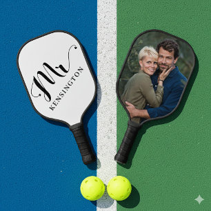 Personalisierte Mr. Frischvermählt-Typografie-Foto Pickleball Schläger