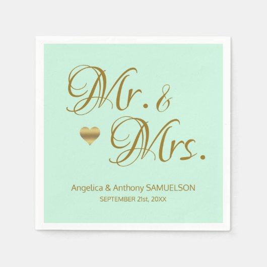 Personalisierte Mr. & Mrs. Mint Green Gold Wedding Serviette (Vorderseite)