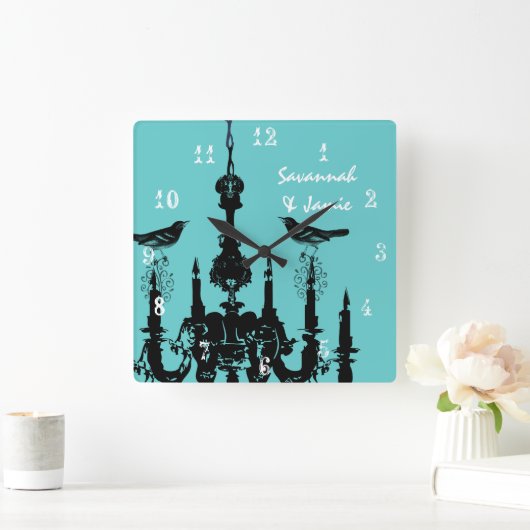 Personalisierte Mustard Yellow Chandelier Bird Clo Quadratische Wanduhr (Zuhause)