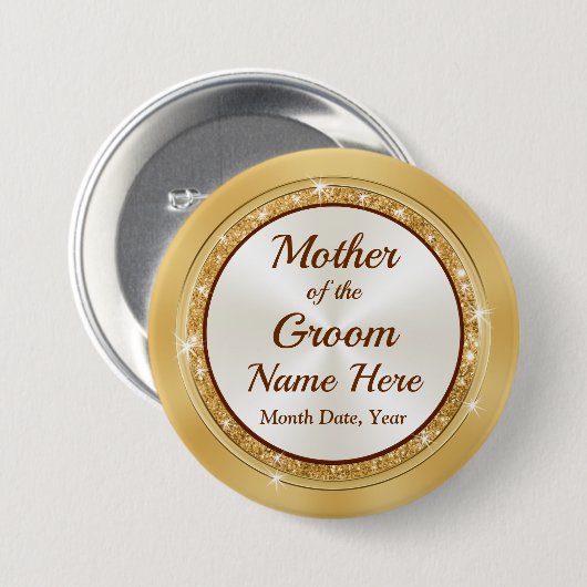 Personalisierte Mutter des Groom Buttons, Gold The Button (Vorne & Hinten)