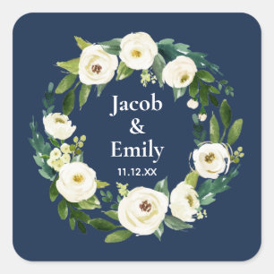Personalisierte Namen der Navy Blue Greenery Datum Quadratischer Aufkleber