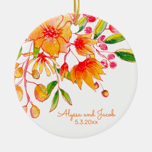Personalisierte Namen Orange Bloral Hochzeitdatum Keramik Ornament (Vorne)