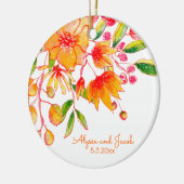 Personalisierte Namen Orange Bloral Hochzeitdatum Keramik Ornament (Links)