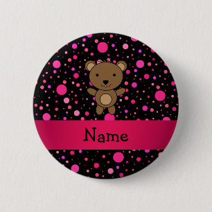 Personalisierte Namensbärnschwarzrosa-Polkapunkte Button