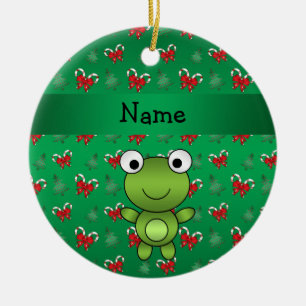 Personalisierte Namensfroschgrün-Zuckerstangebög Keramik Ornament