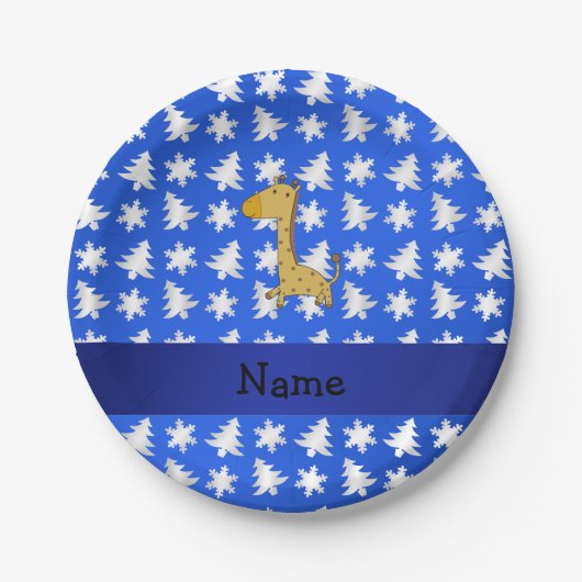 Personalisierte Namensgiraffe, blaue Schneeflocken Pappteller (Vorderseite)