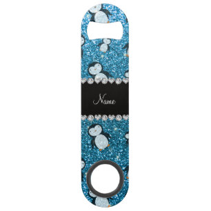 Personalisierte Namenshimmelblau-Glitter Penguins Speedflaschenöffner