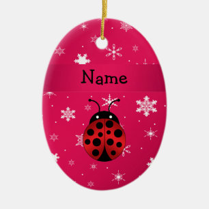 Personalisierte Namensmarienkäferrosaschneeflocke Keramik Ornament